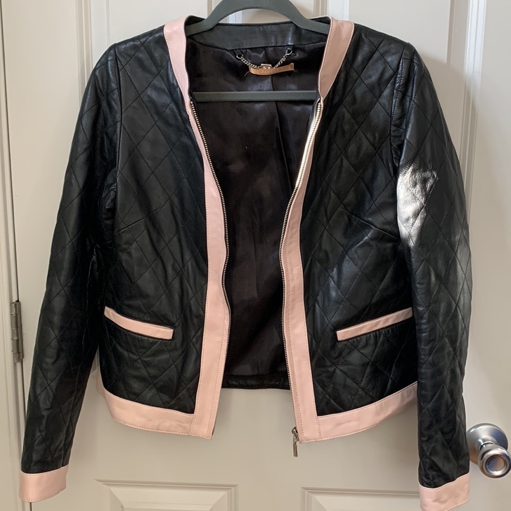 Zarina | Black Pink Faux Leather Quilted Lined Moto Zipper Jacket Blazer EU 44 - Picture 10 of 17